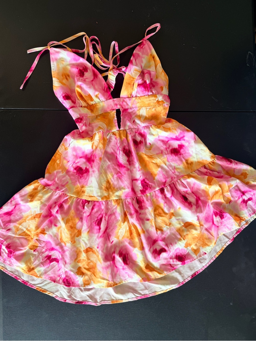 SHEIN Pink & Orange Floral Tiered Sundress with Tie Straps